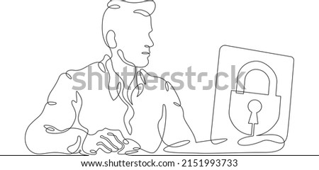 One continuous line.web privacy policy. A man in front of a laptop screen. Lock on the monitor screen. Protection of private information and data.One continuous line drawn isolated, white background.