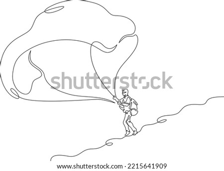 One continuous line. Paraglider with a paraglider. Extreme sport. Paraglider before takeoff. Paragliding wing. Parapleneism. One continuous line is drawn on a white background.