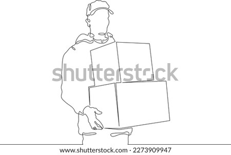 One continuous line. Courier with parcels. Mail delivery. Postman. Courier in a baseball cap. Parcel in a box. One continuous line drawn isolated, white background.