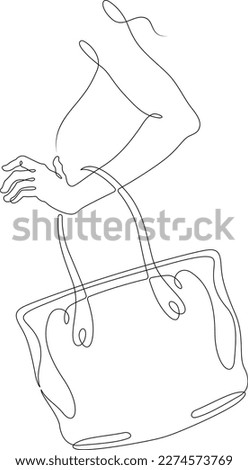 One continuous line.Ladies handbag. Woman's hand with a bag. Elegant designer handbag. Clutch bag. One continuous line drawn isolated, white background.