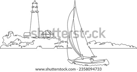 Yacht.Sailboat in the sea.Lighthouse in the harbor. Berth in the port. Wharf.Landscape. One continuous line. Linear. Hand drawn, white background.