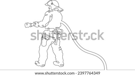 Firefighter in protective uniform. Male rescuer character. Fire officer. One continuous line drawing. Linear. Hand drawn, white background. One line.