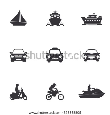 character set of logos of transportation, merchant ships, car, scooter, jet ski, water bike, motorcycle, motocross bikes, cross,sailboat, yacht