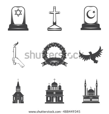 Vector isolated image burial, headstones, graves, funerals and cemeteries. Monochrome line symbols of sorrow and grief. Funeral services and printing. Set of 9 graphic icons