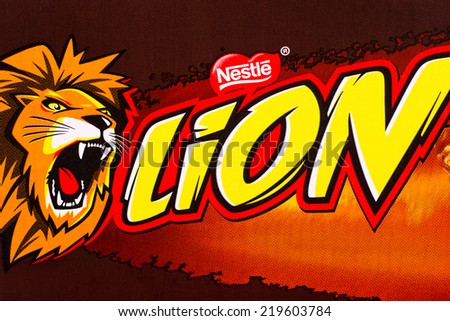 ARAD, ROMANIA - March 4, 2012: Lion Bar logo printed on cardboard. Lion Bar is a chocolate bar made by Nestle. Studio shot.