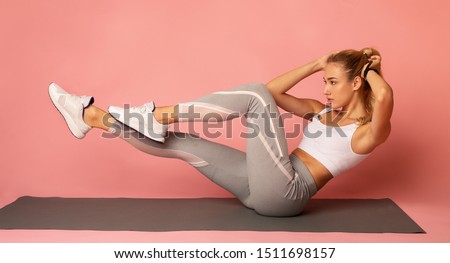 Fitness Workout. Young Woman Doing Bicycle Crunch Abs Exercise Over Pink Studio Background. Panorama Сток-фото © 