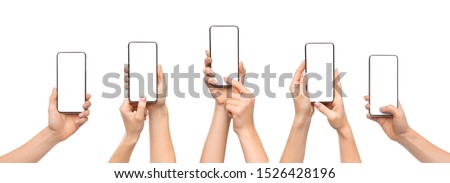 Set of woman's hands using smartphone with blank screen, isolated on white background, panorama Foto stock © 