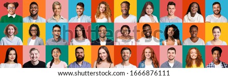 Happy Millennials Portrait Collage. Mosaic Of Smiling Faces Of Different Multiethnic People Posing On Bright Colorful Backgrounds. Panorama