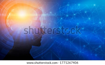 Genius Mindset. Profile Male Portrait With Illuminated Brain Having Enlightment Eureka Moment Over Blue Background. Panorama, Collage, Free Space