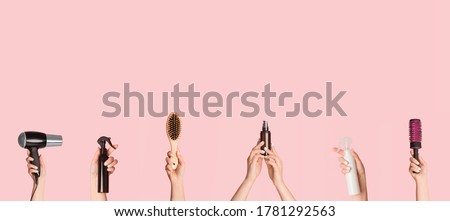 Similar – Image, Stock Photo Hairdresser tools over a many color and natural wigs