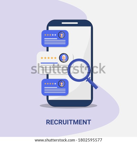 Recruitment Concept. Illustration Of Smartphone With Job Applicant's CVs On Screen Over Gray Background. Vector, Square