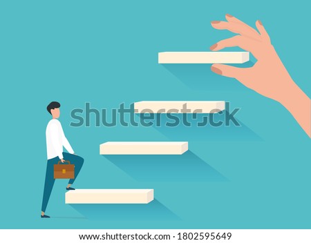 Career Growth Concept. Man Walking Upstairs While Hand Putting Steps Setting New Goals Over Blue Background. Vector Illustration