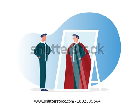 Businessman Looking At Reflection In Mirror And Seeing Super Hero Standing On White Background. Leadership, Ambition And Self-Confidence. Vector Illustration ストックフォト © 