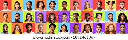 Mosaic Of Diverse Smiling Faces Of Successful Males And Females Portraits Over Different Colorful Studio Backgrounds. Social Diversity Concept. Headshots Collage, Panorama
