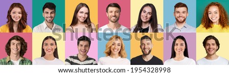 Collection of multiple avatar of happy young people. Smiling men and women faces. Positive human emotion. Concept of variety, diversity and individuality in modern community, panorama