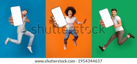 Cool mobile offer. Excited jumping guys demonstrating smartphones with white screens on colorful backgrounds, collage with mockup copy space for your app or website design