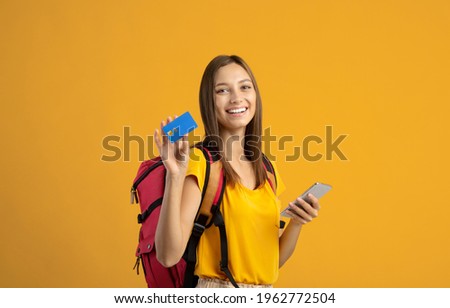 Similar – Image, Stock Photo Cheerful female traveler holding hand of boyfriend before leaving into trip