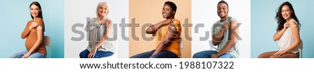 Healthcare And Inoculation Concept. Portraits Of Smiling Diverse Patients Showing Vaccinated Arms With Plaster On Shoulders After Coronavirus Vaccination. Studio Collage, Panorama. Antiviral Vaccine