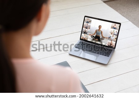 Fitness instructor teaching yoga online to group of young people, fit man and woman practicing meditation wia video conference with coach, enjoying remote trainings and domestic workouts, collage Zdjęcia stock © 