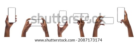 Set of female hands holding smartphone with blank screen in different orientation isolated on white background, panorama, banner. Black lady using cell, browsing internet, presenting free copy space ストックフォト © 
