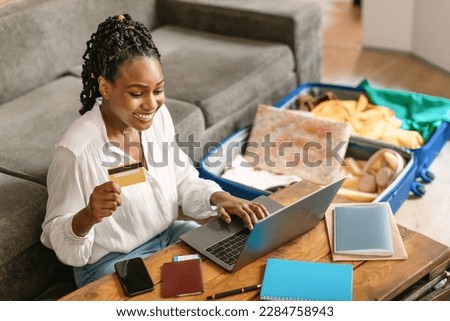 Similar – Image, Stock Photo Cheerful black woman with smartphone talking on video call