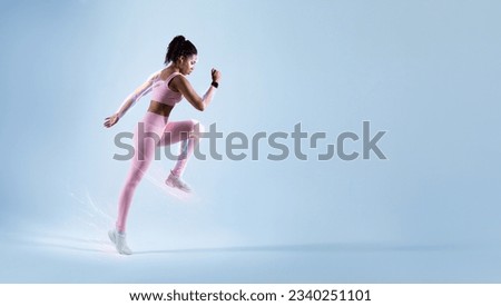 Similar – Image, Stock Photo Strong sportswoman jumping over sandy hill