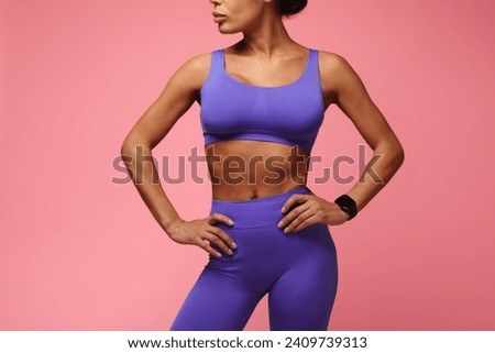 Similar – Image, Stock Photo Unrecognizable fit woman in swimsuit standing on sandy beach