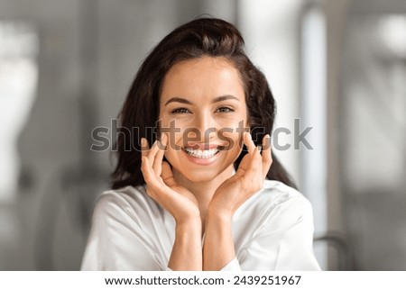 Image, Stock Photo Beautiful woman touching face gently and covering body with blanket