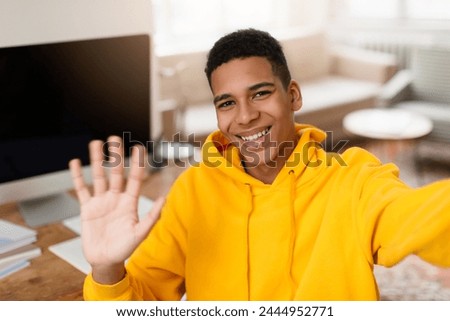 Similar – Image, Stock Photo Cheerful black friends taking selfie in city