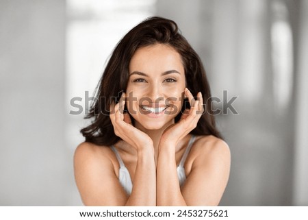 Similar – Image, Stock Photo portrait of beautiful caucasian woman sitting by pool side wearing bikini swimwear. Summer time, vacation and lifestyle