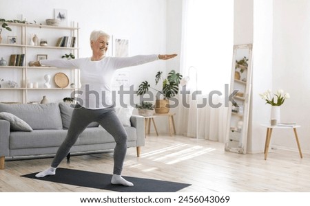 Image, Stock Photo Old woman doing smiling to camera, copy space, soft orange removable background, minimal basic, old people lifestyle, ad concept deal, white shirt space