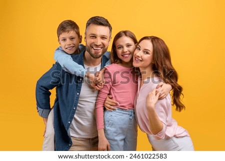 Similar – Image, Stock Photo Group of cheerful siblings on wooden pier