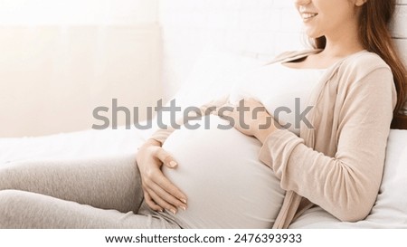 Similar – Image, Stock Photo young pregnant woman at home working on laptop. cute beagle dog besides