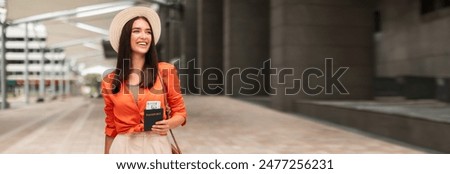 Similar – Image, Stock Photo Young female tourist posing near old cathedral. Neutral colors in clothes style. Beige color walls. Woman tourist wearing white t-shirt.