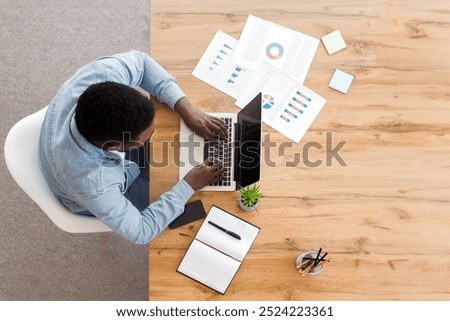 Similar – Image, Stock Photo top view of unrecognizable Woman working on financial data with computer. Analyzing graphics and statistics on screen. Cute small dog resting besides. Home office, Technology and business concept