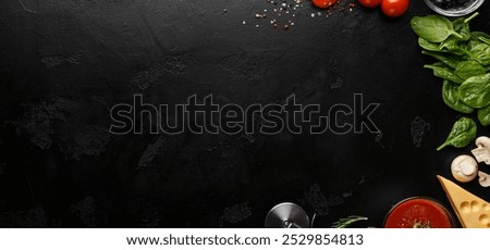 Similar – Image, Stock Photo Food background with empty wooden cutting board, herbs, garlic, olive oil, spices on grey concrete kitchen table. Cooking with fresh, flavorful ingredients. Top view with copy space.