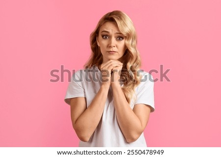 Image, Stock Photo Woman worried while showing off the window in the city during a spring day, mental health concept