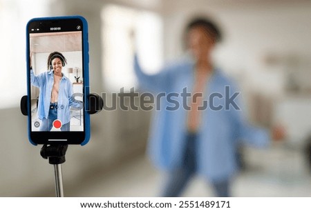 Similar – Image, Stock Photo Content trendy African American woman on wall