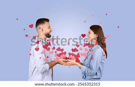 Image, Stock Photo Romantic couple standing facing each other at summer street