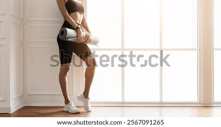 Similar – Image, Stock Photo Unrecognizable fit woman in swimsuit standing on sandy beach