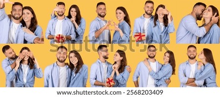Similar – Image, Stock Photo Positive multiethnic couple kissing on street