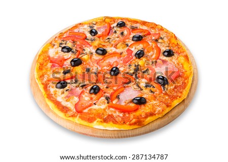Delicious italian pizza with ham, peppers, mushrooms and black olives - thin pastry crust at wooden table background