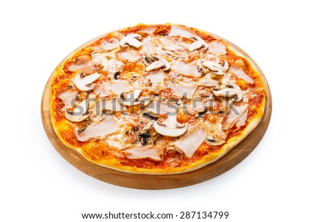 Delicious pizza with mushrooms and smoked chicken meat - thin pastry crust isolated at white background