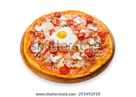 Delicious pizza with mushrooms, bacon, cherry tomatoes and egg - thin pastry crust at white background on wooden desk