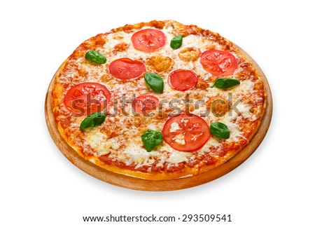 Delicious italian Margherita pizza with tomatoes and mozarella - thin pastry crust at white background on wooden desk