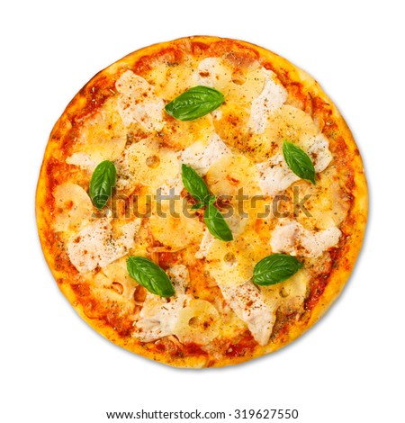 Delicious italian pizza with pineapple, chicken and fresh basil - thin pastry crust isolated at white background, above view