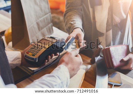 Retail, credit card payment service. Customer paying for order of cheese in grocery shop. Stock foto © 