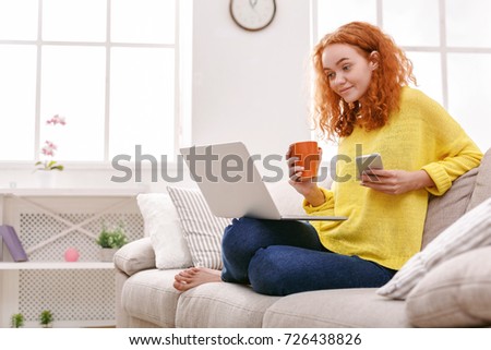 Similar – Image, Stock Photo Cheerful barefoot ginger woman waking up on bed