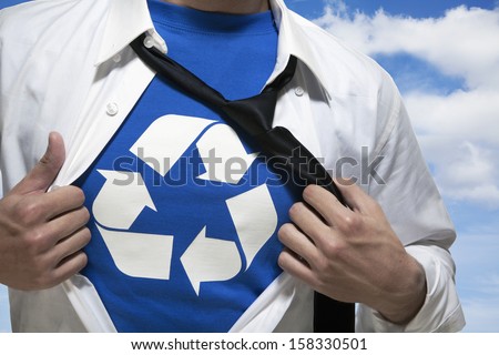 Businessman with open short revealing shirt with recycling symbol underneath