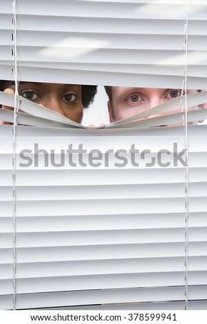 Image, Stock Photo Anonymous partner covering eyes of black woman near cement wall